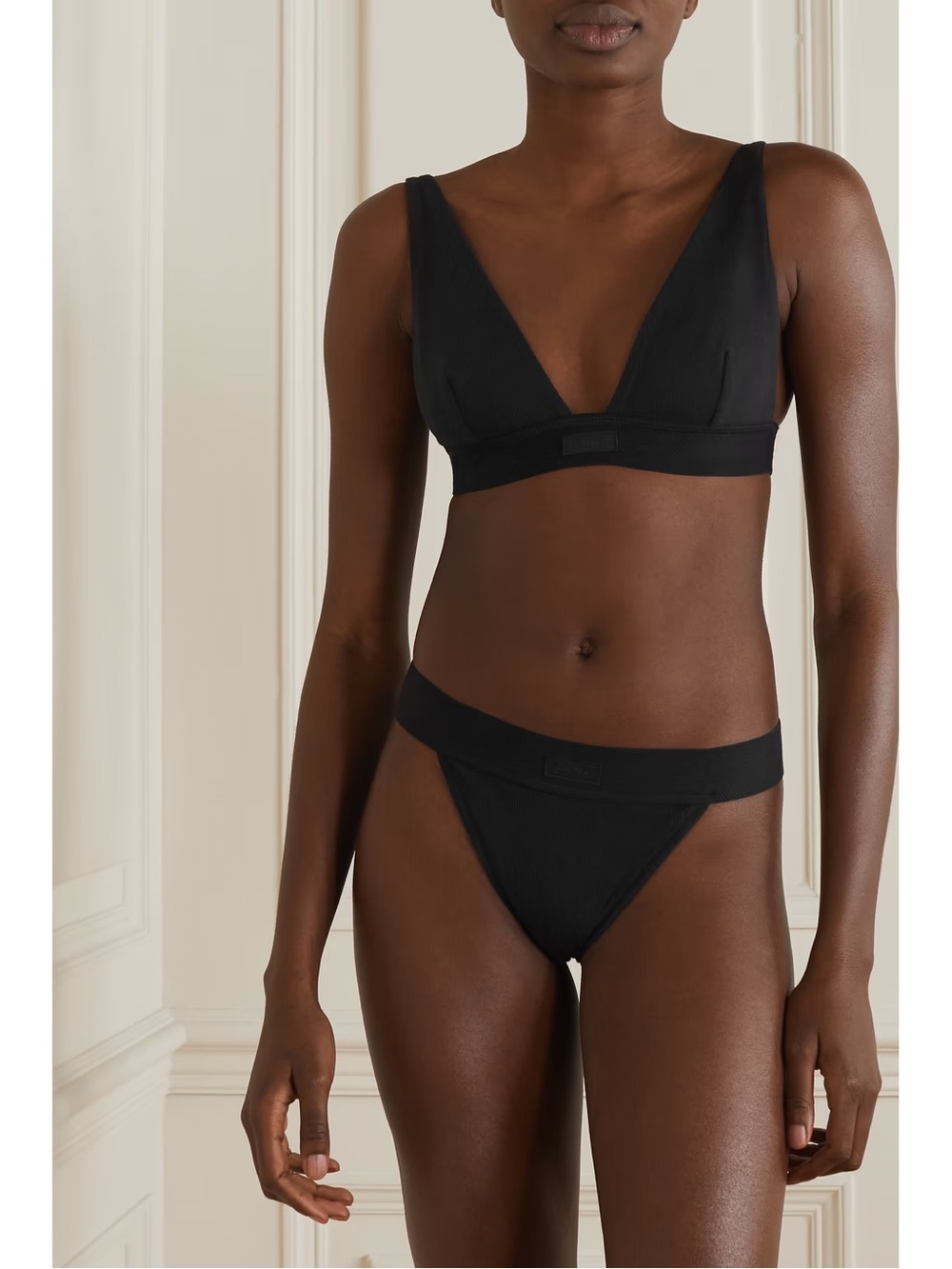 NWT SKIMS Ribbed Cotton-Blend Jersey Thong in Soot